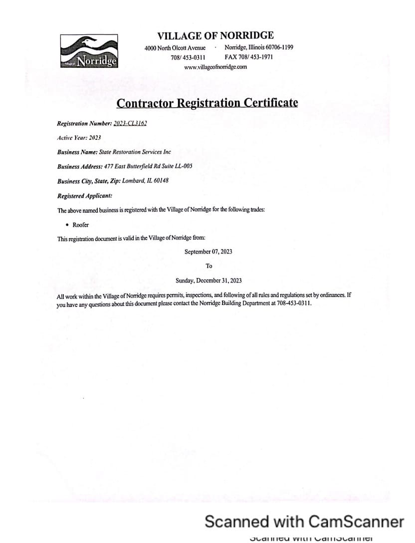 General Contractors License Village of Norridge  - State Restoration Services